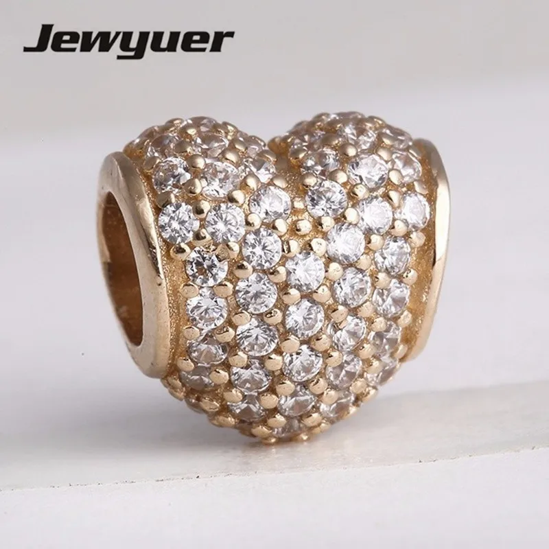 14k Solid Pave Heart Charms beads Fit 925 sterling silver bracelets necklace DIY gift to women Memnon wholesale GD057 memnon