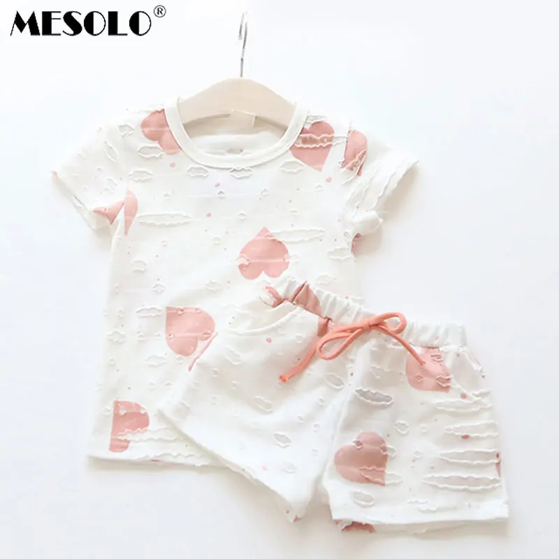 

MESOLO 2pcs/sets,Casual Kids Clothing Baby Girls Clothes Sets Summer Heart Printed Girl Tops Shirts + Shorts Suits