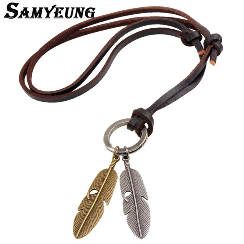 

Vintage Leather Double Leaf Men's Necklaces Women Rope Chain Neckless Collier Femme Statement Male Accessories Gift for Boys