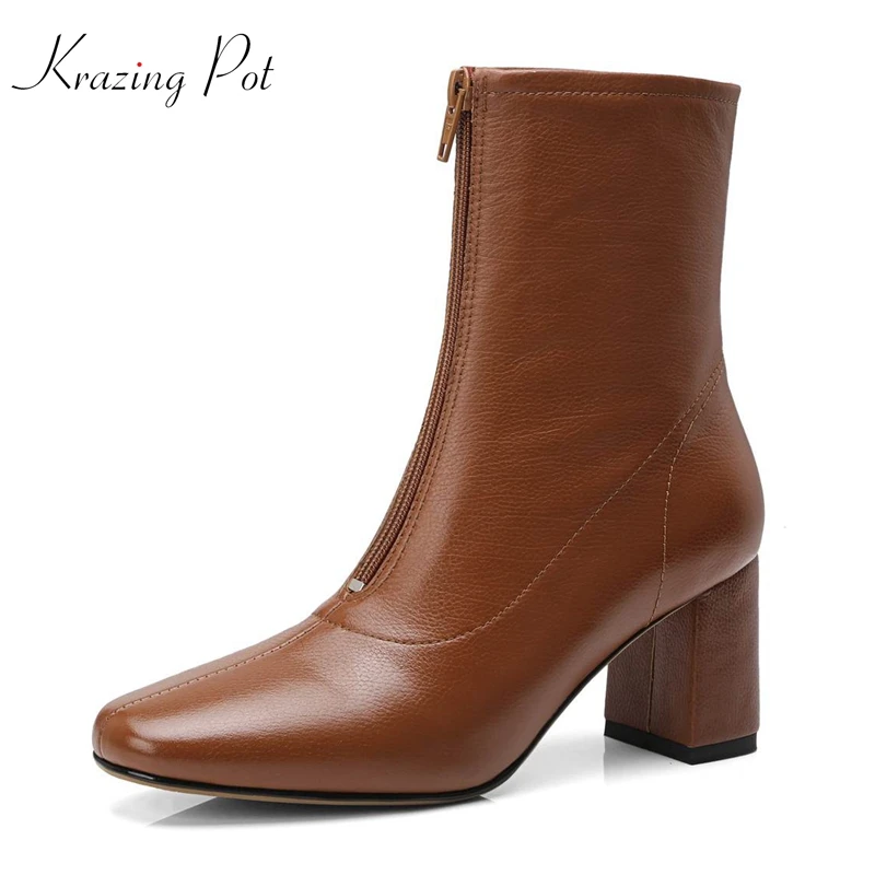 

Krazing Pot 2018 genuine leather solid zipper decoration ankle boots high quality high heel European round toe Chelsea boots L25