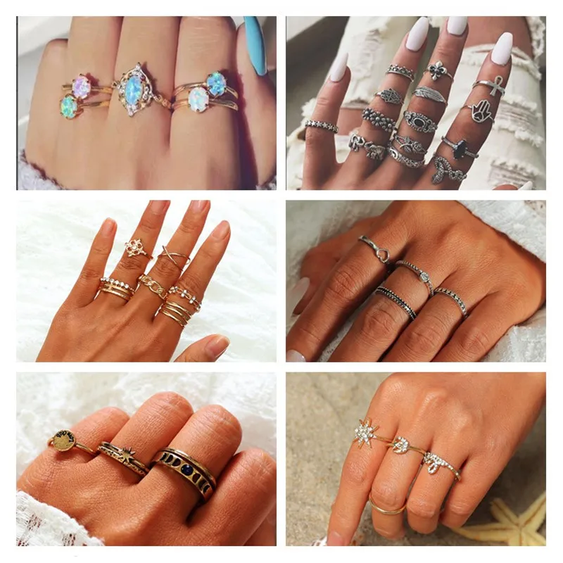 

8Seasons New Fashion Gold/Silver Color Rings Set For Women Bohemian Elephant Hollow Heart Star Punk Style Knuckle Rings Jewelry