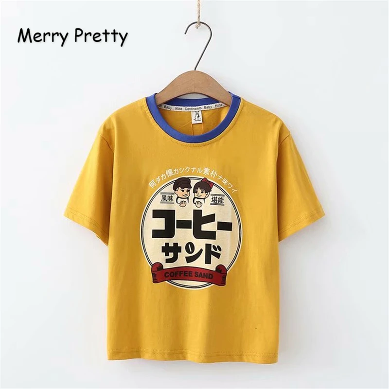 

Merry Pretty Women Japan Style Cartoon Print Cotton T Shirts Short Sleeve O-Neck Patchwork T Shirt 2019 Summer Casual Tops Tees