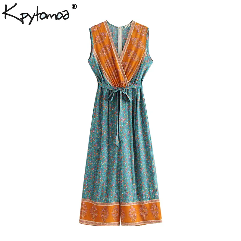 بوهو الصيف خمر الأزهار طباعة الزنانير حللا النساء 2019 الأزياء الصليب V الرقبة بنطال ذو قصة أرجل واسعة شاطئ السروال القصير ارتداءها موهير