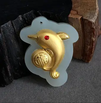 

Jin Xiangyu jade pendant gold inlaid natural Hetian white jade dolphin pendant with certificate