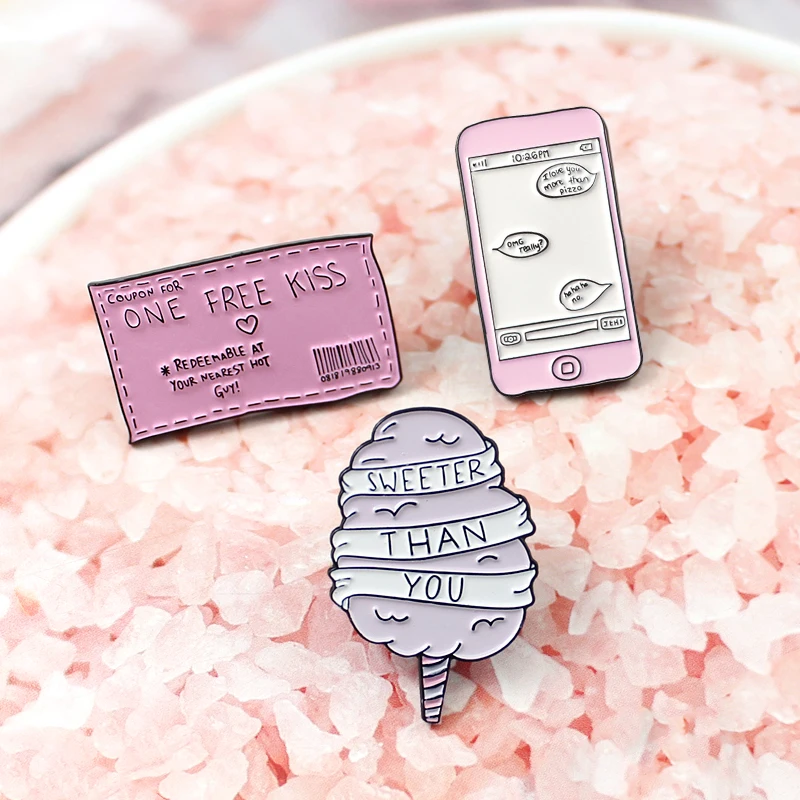 

Pink Cute Enamel Brooch one free kiss Ticket Sweet Candyfloss Kiss Ticket Candy Phone Lapel Pins Jewelry Gift Backpack badge