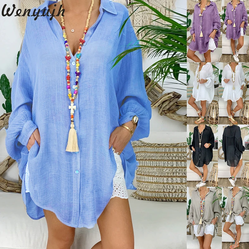 

Wenyujh 2019 Women Button Down Shirt Loose Casual Blouse Top Summer Autumn Female Solid Long Sleeve V-Neck Long Linen Shirt