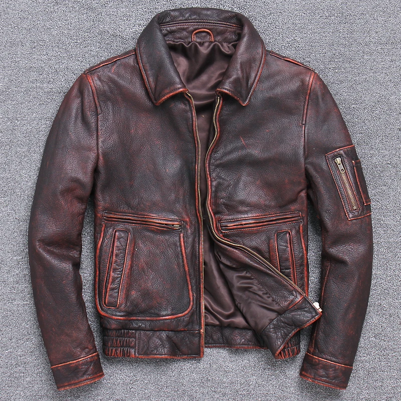 

2019 Men's Brand Thick Cowhide Jacket Business Casual Genuine Leather Jacket Locomotive Suit Retro Large Size Brown Coat