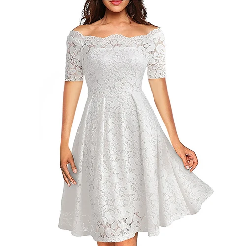 OTEN, Женская винтажная туника с длинным рукавом, с открытыми плечами, кружевная, с вышивкой, в стиле пэчворк, свадебные, Коктейльные, вечерние, элегантные, женские платья - Цвет: Short sleeve White