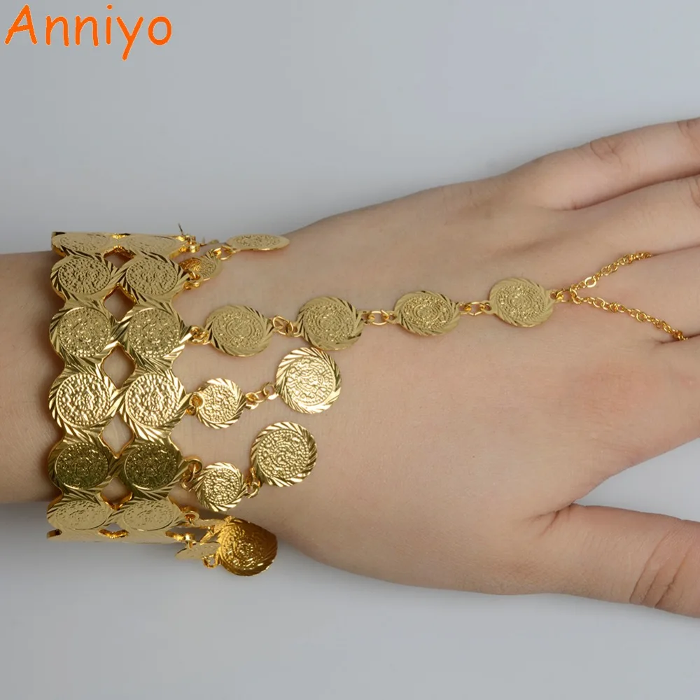 

Anniyo Arab Coin Cuff Bangle Gold Color for Women Muslim Ethnic Bracelet Middle Eastern Jewelry Ethiopian Wedding Gifts #068206