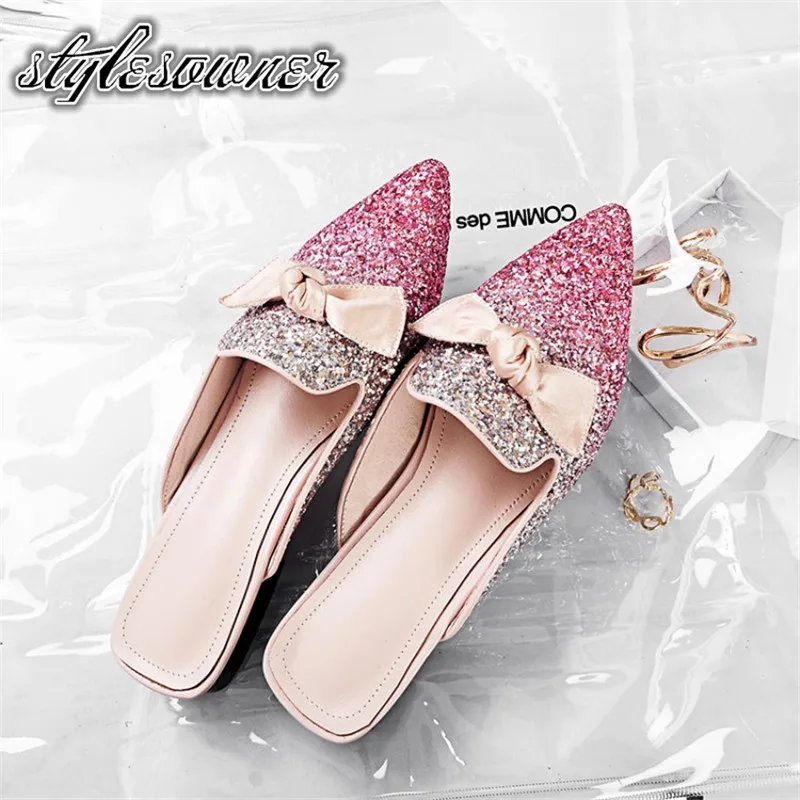 

Stylesowner Korean Style Fashionable Woman Slippers Sequin Low Heels Pointed Toe Popular Trend Square Heel Female Slippers
