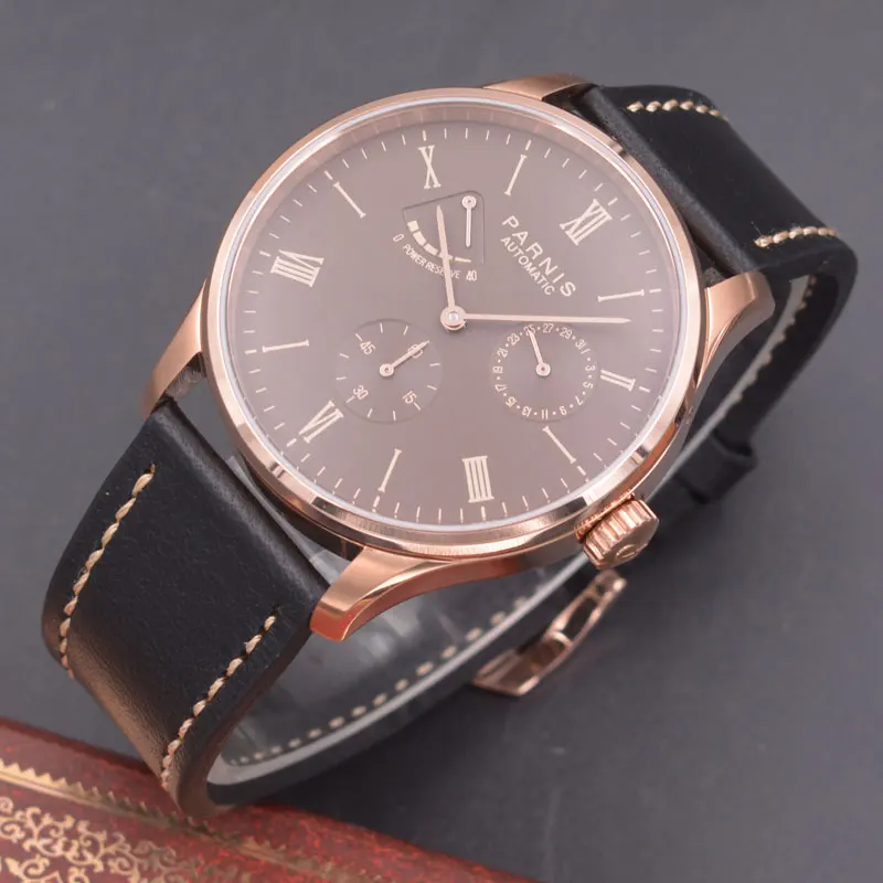 Parnis 42mm watch Rose gold case coffee dial Seagull Movement Automatic mechanical men watch Power Reserve watch PN-611 Parnis 42mm watch Rose gold case coffee dial Seagull Movement Automatic mechanical men watch Power Reserve watch PN-611