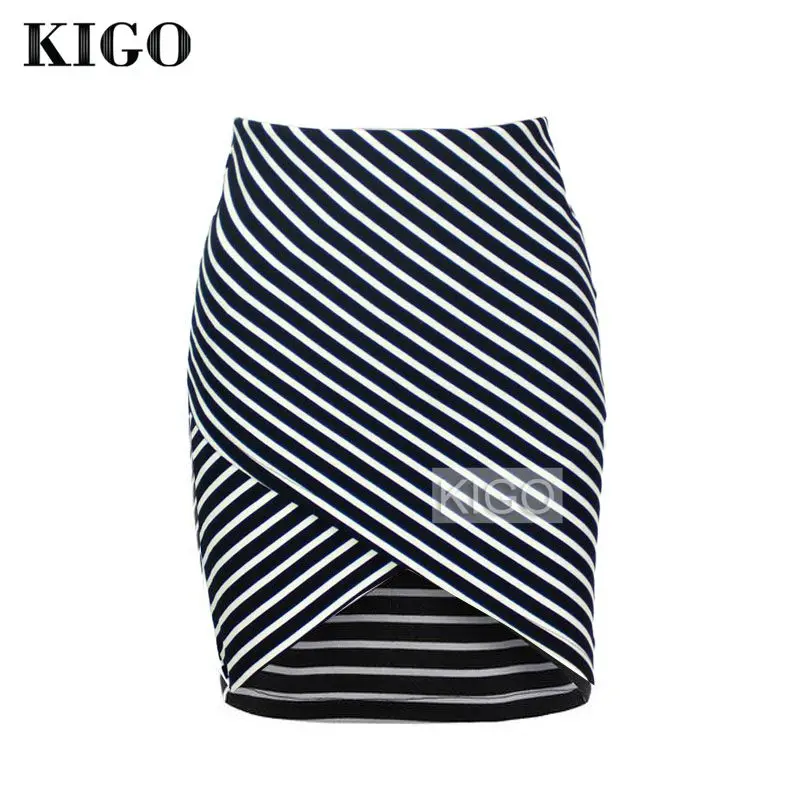 Image KIGO Women Black Cross Front Striped Bodycon Skirt High Waist Mini Wrap Skirt Sexy Casual Irregular Pencil Skirt KH2664h