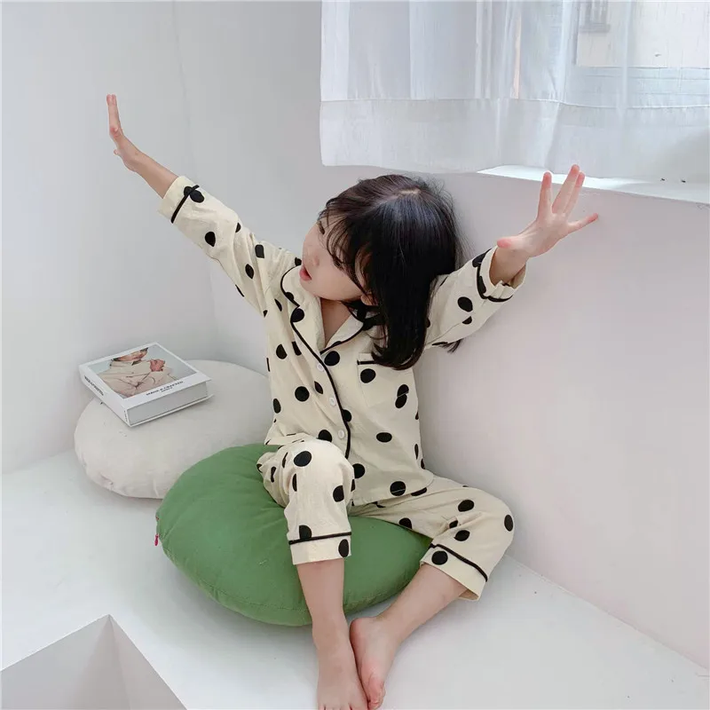 Весенне-осенний детский пижамный комплект, топ в горошек с длинными рукавами+ штаны, костюм детские пижамы, мягкая хлопковая повседневная домашняя одежда для мальчиков и девочек
