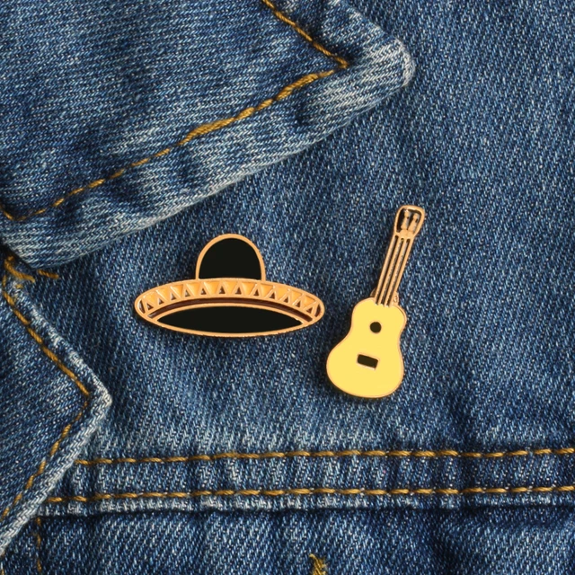 2Pce/Set Hat Guitar Mexican Enamel Pins Badge Metal Girls Jeans Cap