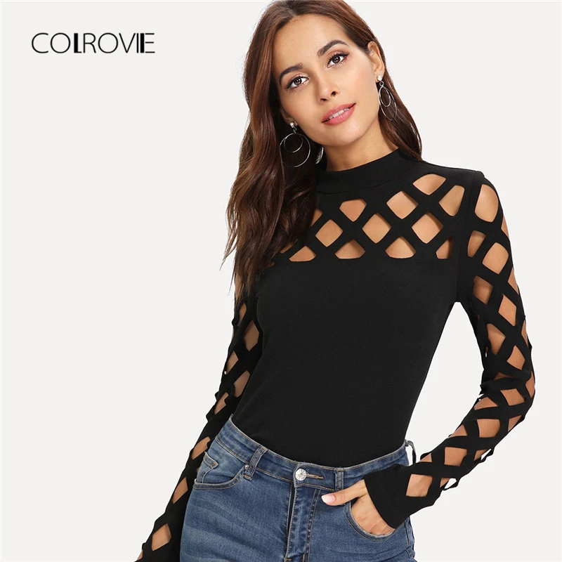long sleeve black cut out top