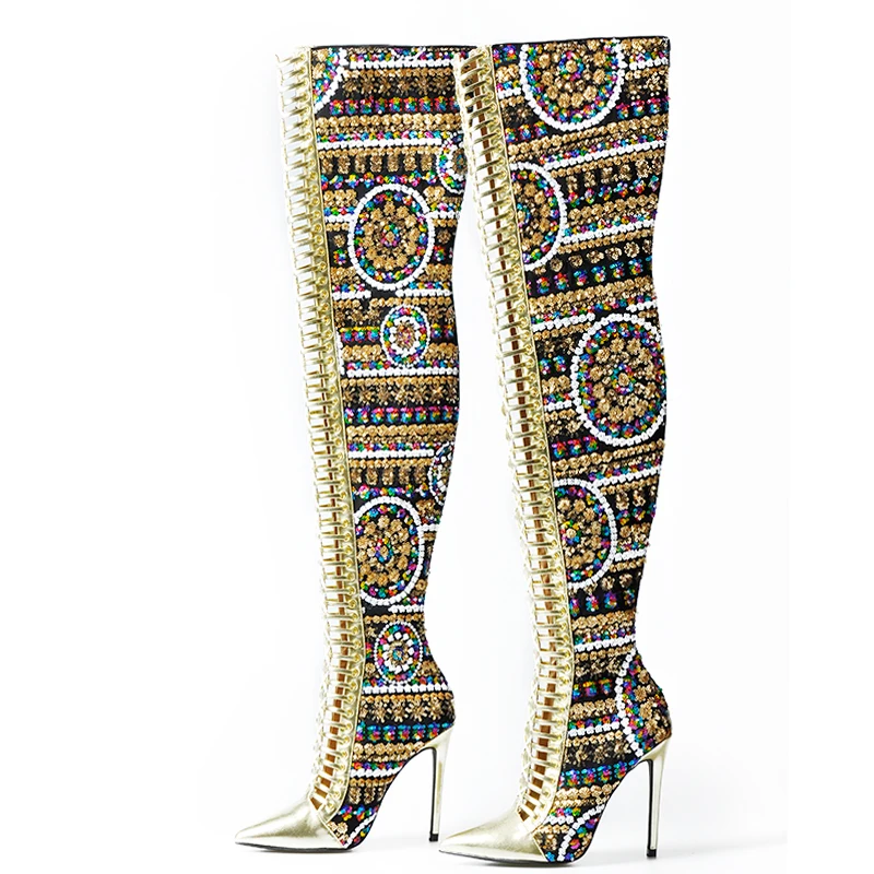 red Internationalen Frauen Heels Knie Kreuz Stiefel Schuhe Die High Gebunden Sommer Winter Sinsaut Gold Zeigen Tuch Pailletten Über Tw6qwC