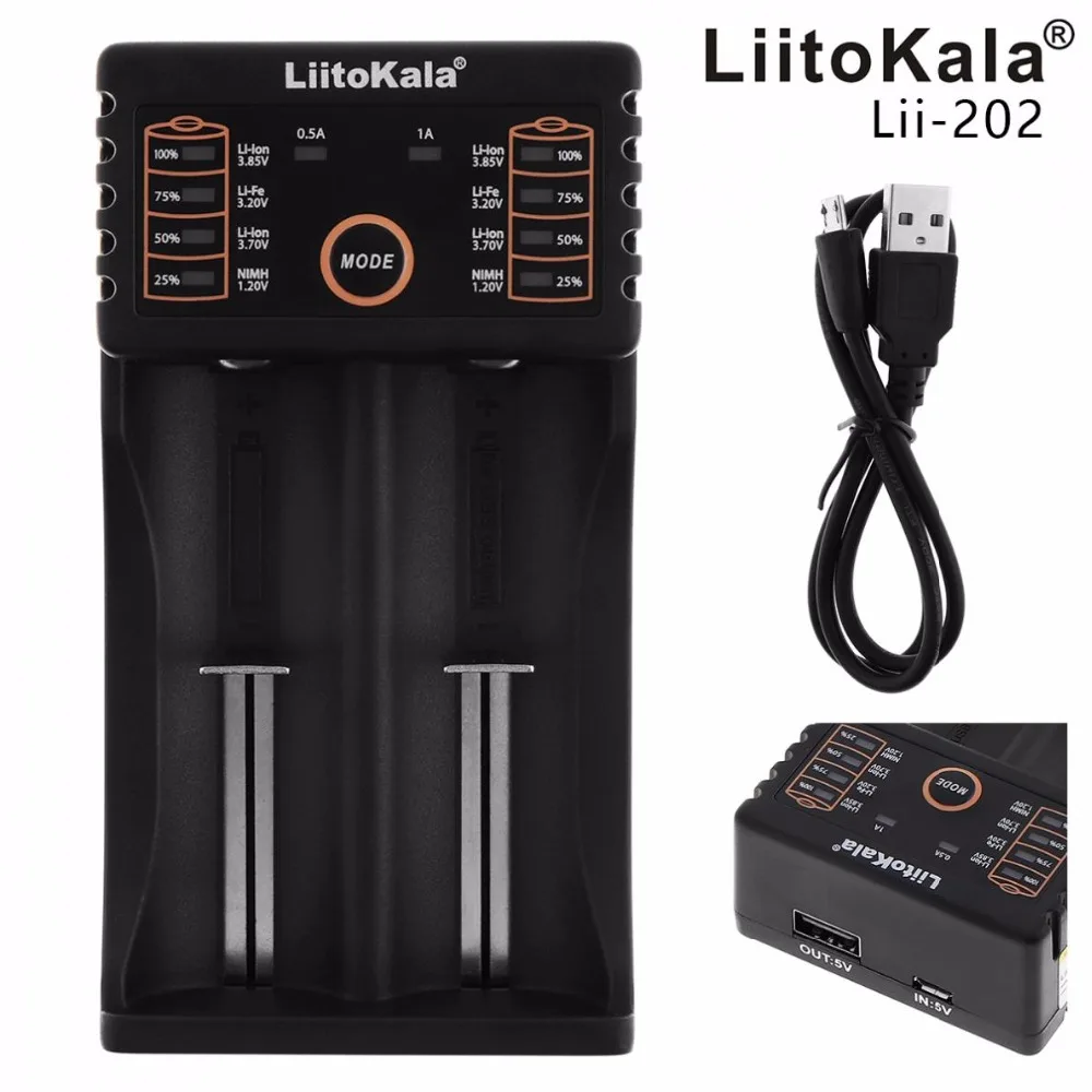 

Liitokala Lii-202 2Slots USB Smart Charger for 1.2V 3.7V 3.2V 3.8V AA AAA 26650 18650 18490 18350 17670 17500 17355 Battery