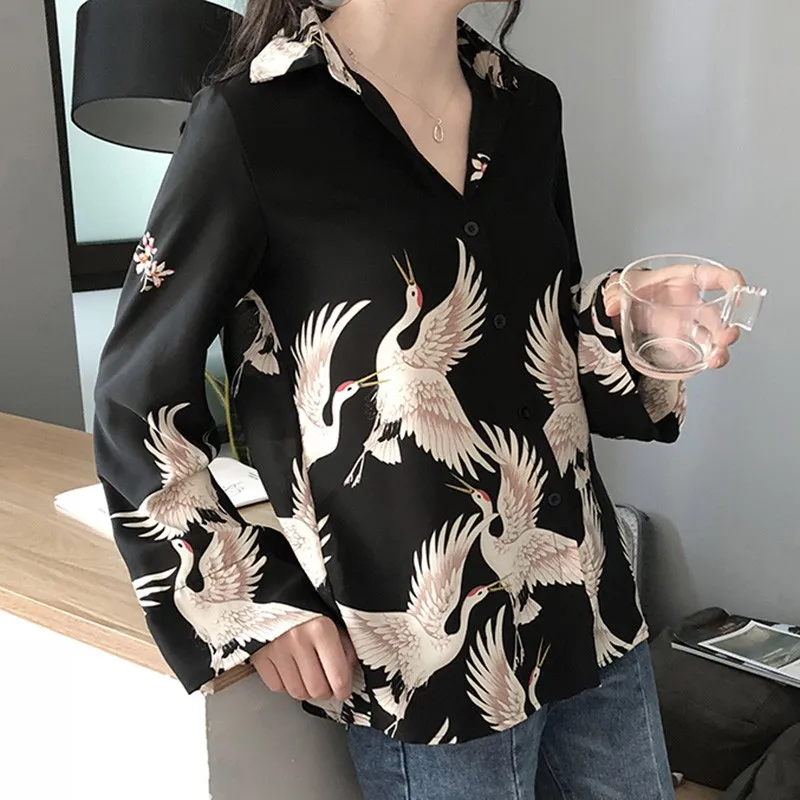 Женская блузка с длинным рукавом и принтом Журавля, Весенняя модная женская Свободная рубашка в стиле Харадзюку С v-образным вырезом, Женская Повседневная Длинная блузка