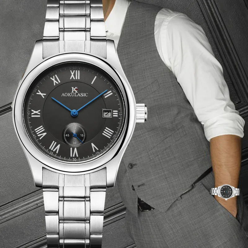 

AOKULASIC 2019 Top Luxury Brand Full Steel Black Silver Men Sport Watch Automatic Mechanical 100FT Waterproof Wrist Watch