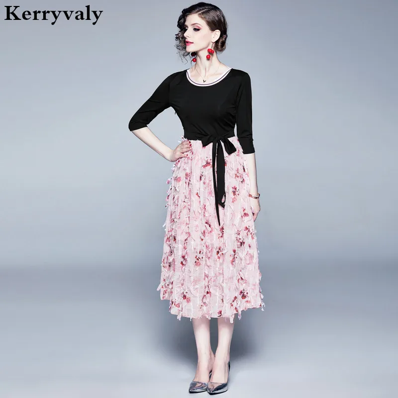 

Super Fairy Sweet Pink Hooked Flower Summer Dress Zomerjurk Dames 2019 Women Midi Party Dress Dress Kleider Damen Belt K9042