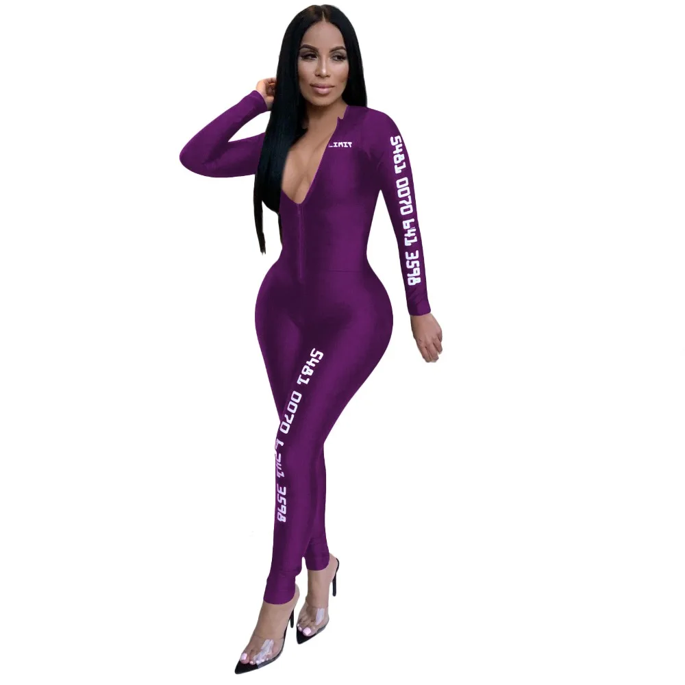 Echoine Комбинезоны для женщин 2018 модные тонкие черные фиолетовые с v-образным вырезом с длинным рукавом спортивные уличные сексуальные
