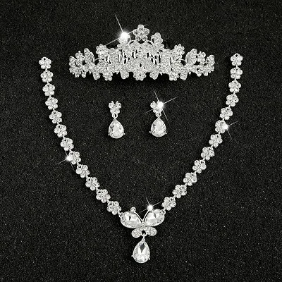 Hot Sale Sliver Plated Rhinestone Crystal Necklace+Earrings+Tiara 3pcs Jewelry Set For Bride Bridal Wedding Accessories (23)