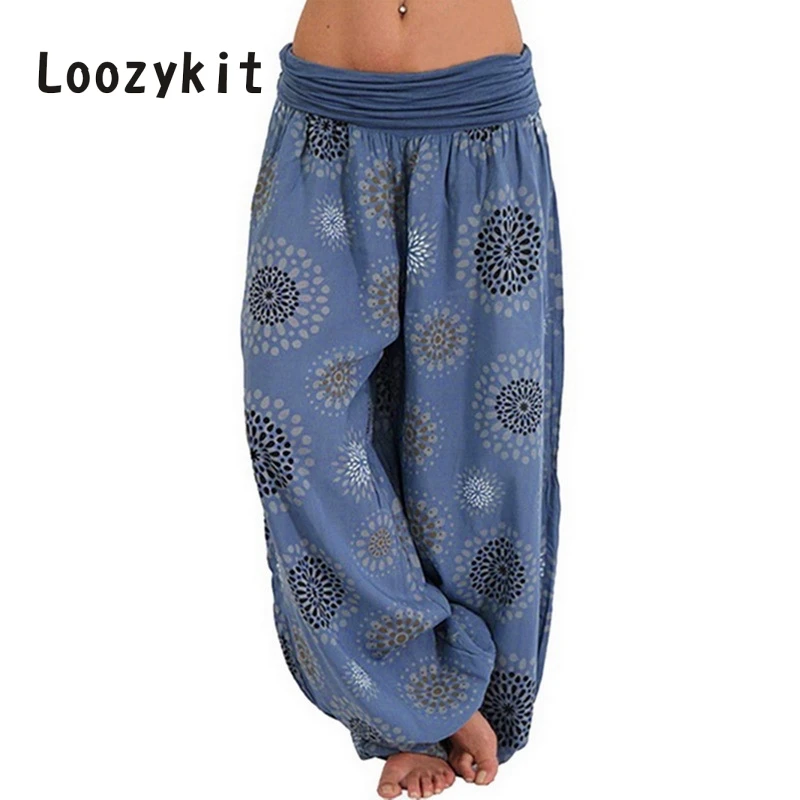 

LOOZYKIT Women Bohemian Long Pants 2019 Low Waist Vintage Print Harem Pants Elastic Waist Boho Beach Trousers Plus Size 5XL