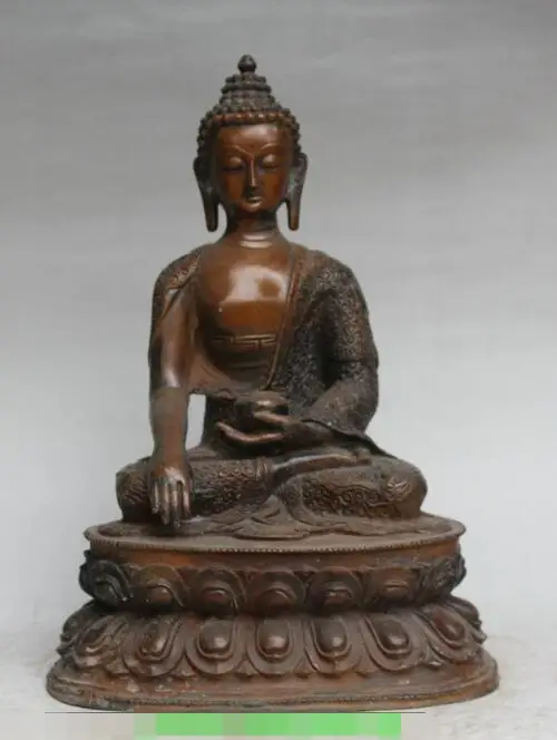 

S02144 13" Old Tibet Buddhism Bronze Shakyamuni Amitabha Buddha Dragons Robe Statue