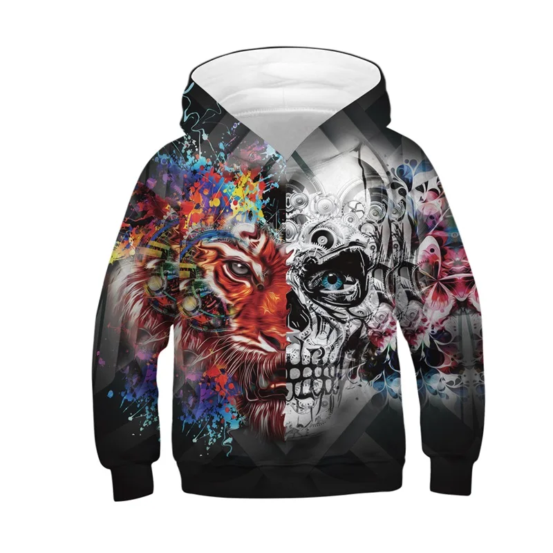

Raisevern Winter Children Creative Design Sweatshirt Lion And Skull 3D Printed Cartoon Hoodies Pullovers Kids Hoodie