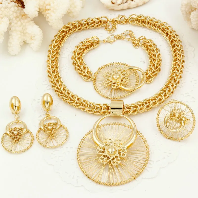 Liffly New Italy Fashion Costume Jewellery African Women Big Necklace Bracelet Rings Earrings Set Dubai Gold Platin Jewelry Sets