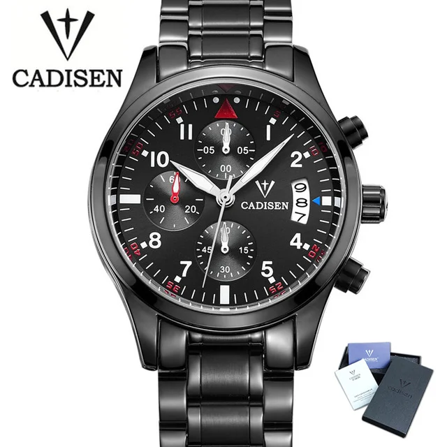 

2017 CADISEN Famous Brand Black Casual Geneva Quartz Wrist Watch Men Stainless Steel XFCS Auto Date Male Clock Relogio Masculino