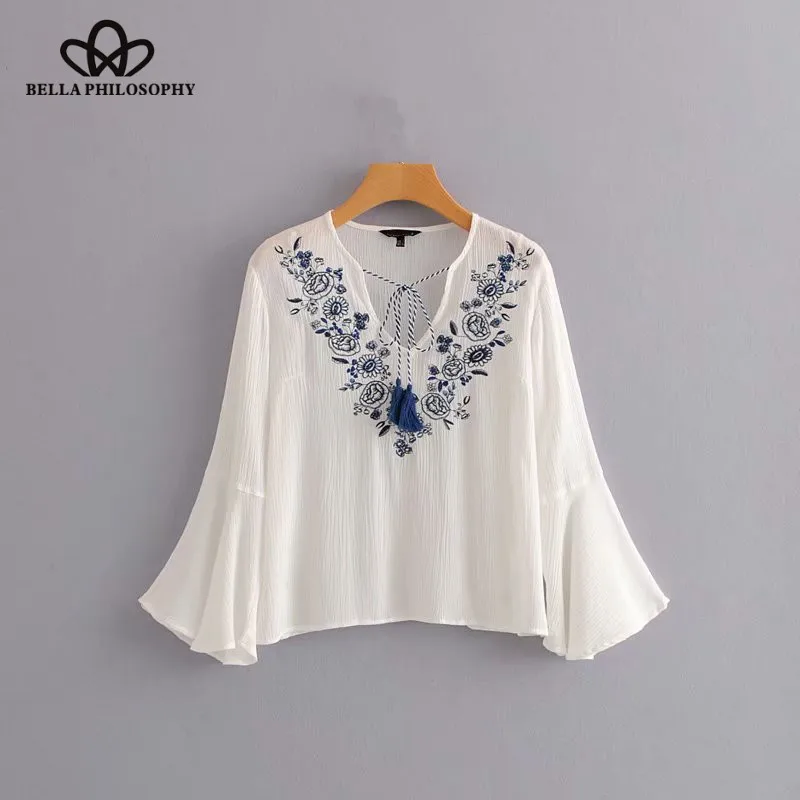 Wonder 2018 new summer vintage flare sleeve Blue white porcelain embroidery blouses ladies tassel casual shirt femininas blusas