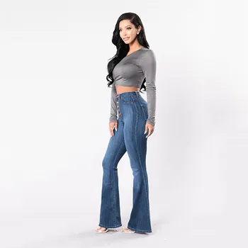 

Women Autumn Elastic Plus Loose Denim Pocket Button Casual Boot Cut Pant Jeans Jeans de mujer *40