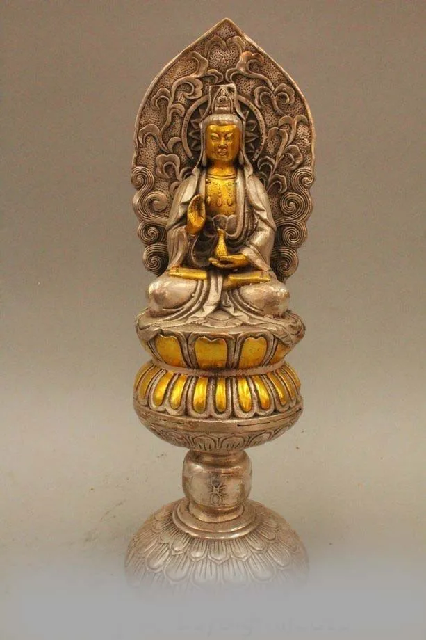 

11" Chinese Buddhiam Silver Gild Seast Kwan-yin Guan Yin Boddhisattva Statue