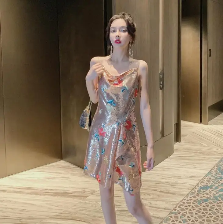 

Sexy Pink Sequin Dress Women Embroidery Floral Party Club Short Mini Dress Spaghetti Strap Nightclub Dresses