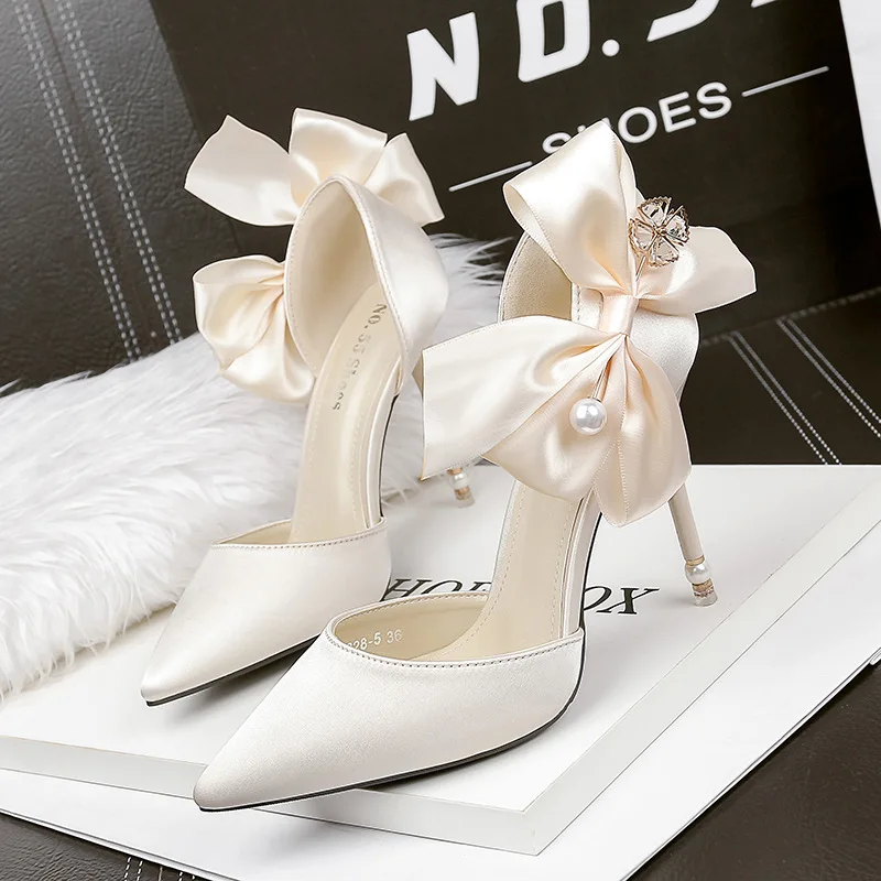 

Fashion spring and autumn women's pointed satin high heels bow sexy pearl sandals stiletto shallow mouth party wedding shoes