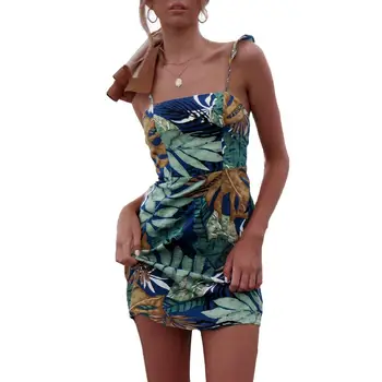 

2019 Summer Holiday New Fashion Beach Party Women Leaves Print Ruffled Sleeveless Sexy Sling Backless American Style Mini Dress