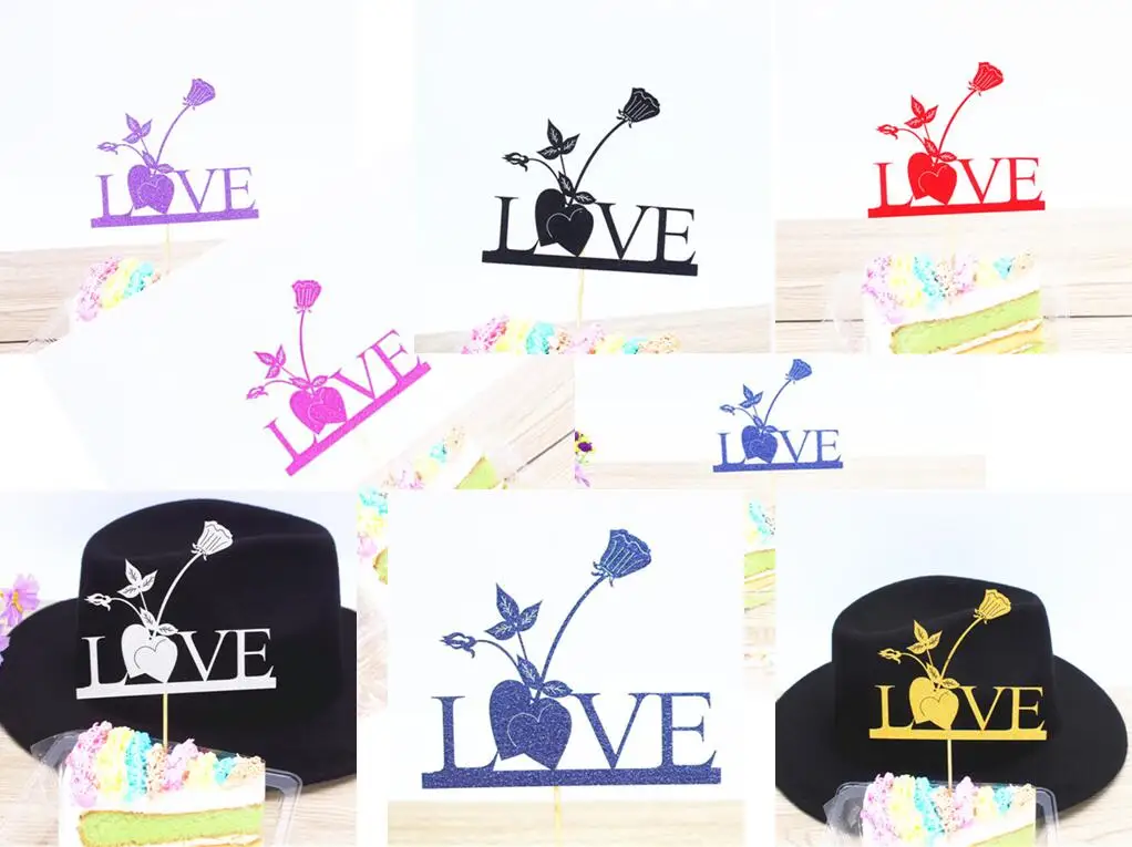 1pc Multi Colors Love Cake Flag Topper Heart Flower Flags Love Wedding Birthday Party Cake Baking Supplies