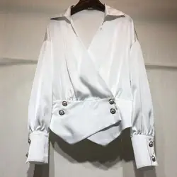 2019 Специальное предложение настоящий поплин Blusa Blusas женская рубашка нерегулярная v-образный вырез пуговица украшение талии с длинными