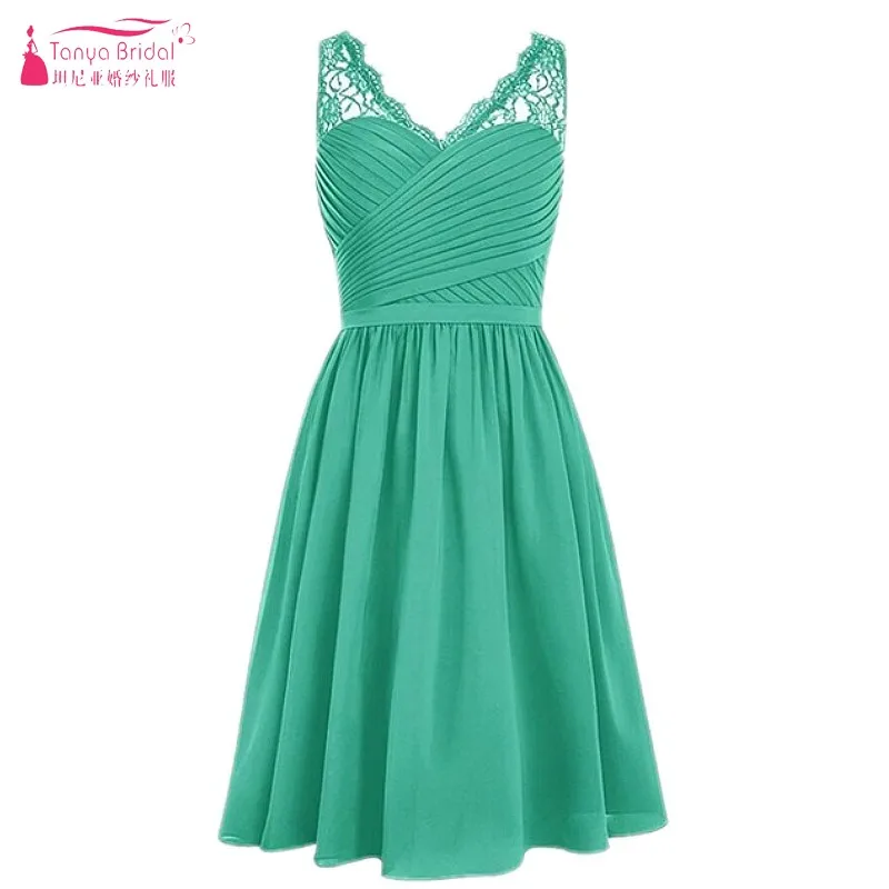 

A Line Cheap Short Bridesmaid Dresses Knee Length Mint Green Chiffon Lace Edge Simple Wedding Guest Dress Formal Wear DQG179