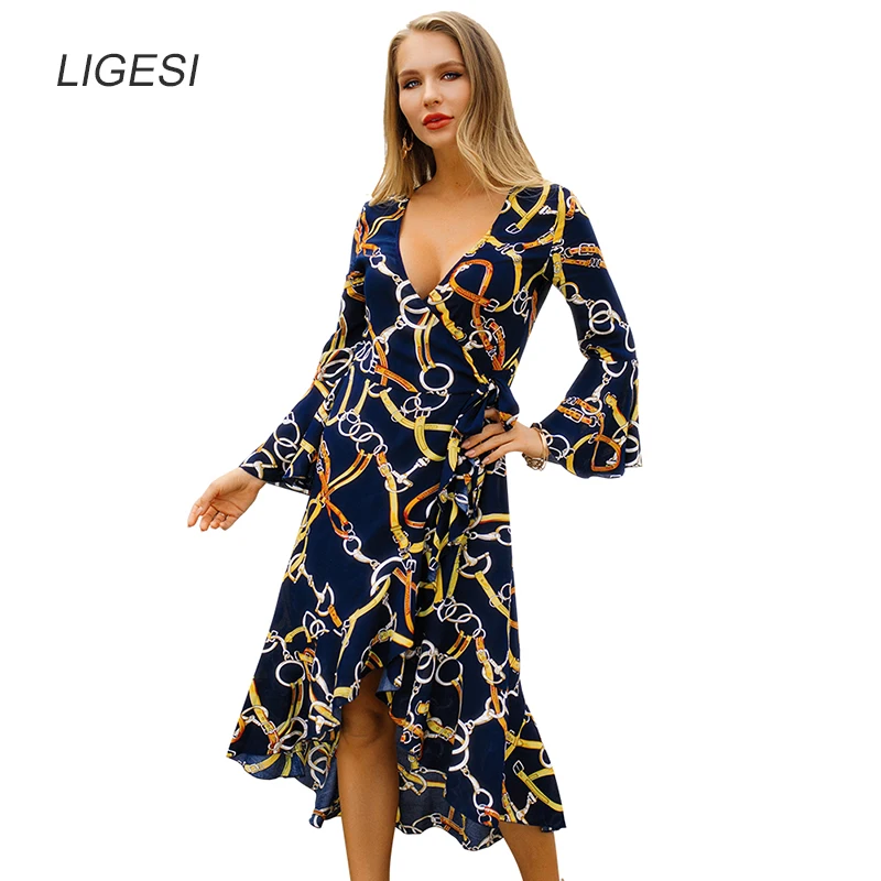 Chain Print Ruffle Wrap Dress Elegant Bandage Asymmetry Long Sleeve