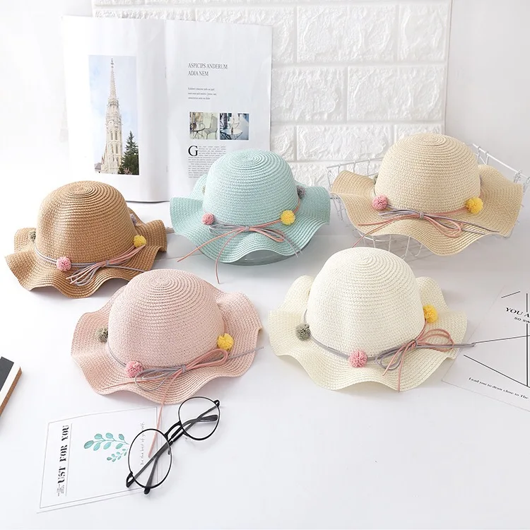 

Children Sun Hats Kids Outdoors Visor Hat Summer Style Beach Wide Large Sun Cap Cute Colorful Hairball Straw Hat can foldable
