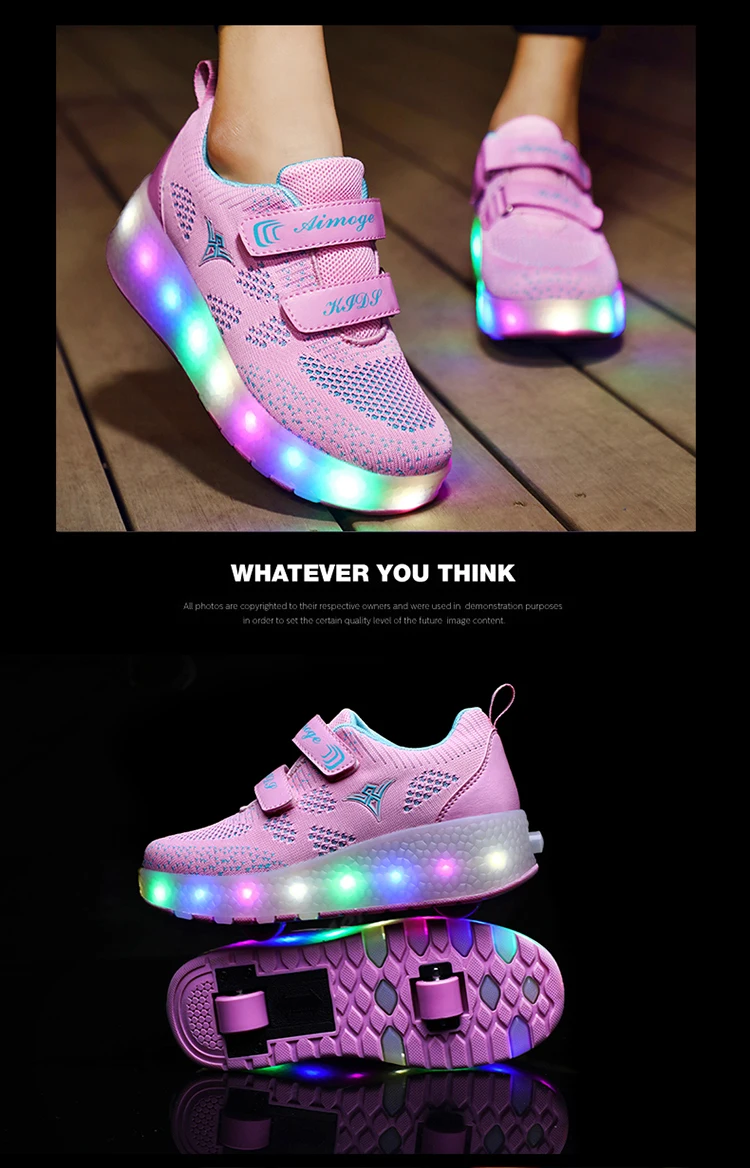 Sapatos para Crianças Tênis com Rodas Usb de Carregamento Preto Rosa Cinza Moda Meninas Meninos Led Luz Rolo Skate Crianças Duas Rodas 17 Mamãe e Bebê