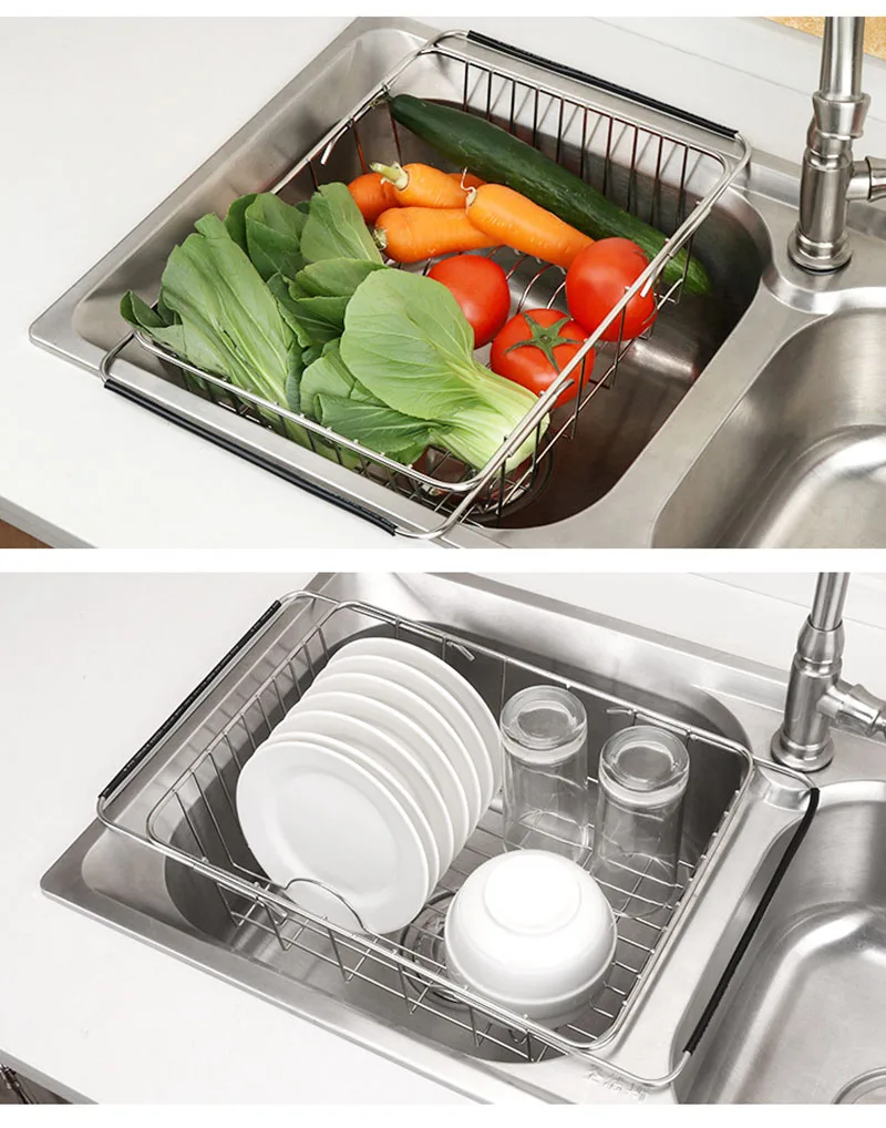 Регулируемая дренажная корзина из нержавеющей стали, телескопическая корзина для мытья овощей, корзина для мытья посуды, корзина для мытья кухонной раковины