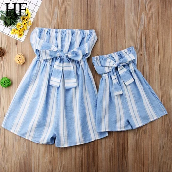 

HE Hello Enjoy Family Matching Clothes Women Swimsuit Beach Dress Off Shoulder Stripe Bowknot Jumpsuit Mother Daughter Dresses
