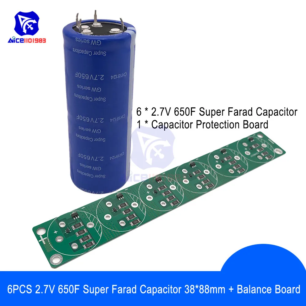 

Solderless 6PCS 2.7V 650F 38*88mm 4 Pin Super Farad Capacitor Low ESR Super Capacitor with Balancing Protection Board for Car