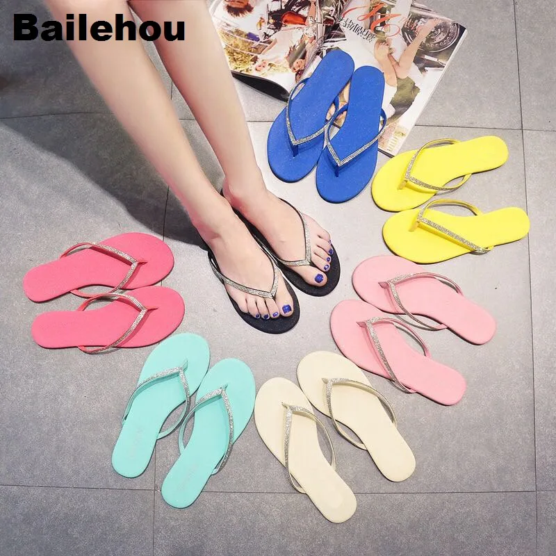 

Bailehou Women Crystal Slippers Beach Simple Flip Flops Sandals Flat Women Causal Shoes Platform Diamond Summer Shoes Female