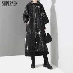 SuperAen осень 2018 Г. И Новинка зимы Тренч для женщин Harajuku Хлопок Мода повседневное дамы ветровка печати пальто с капюшоном