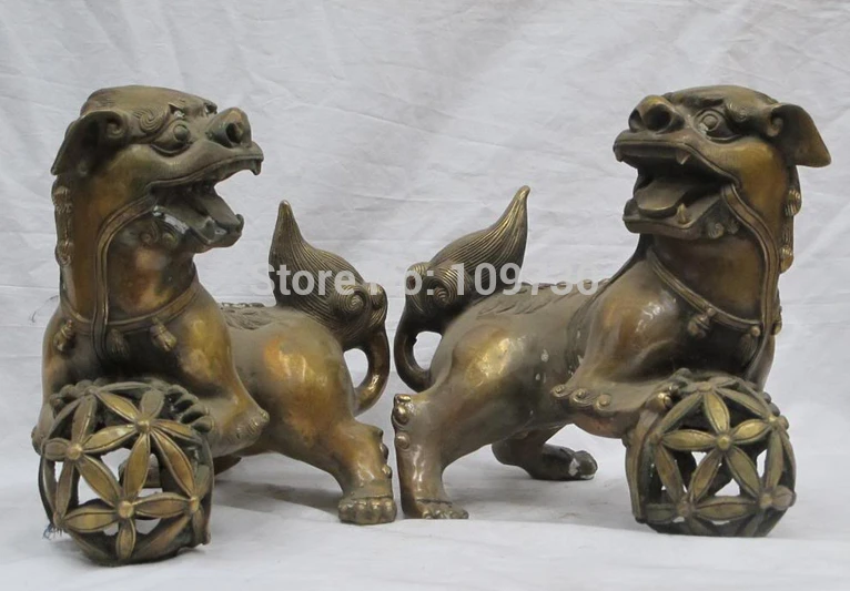 

003369 10"China pure Bronze Silk flower basket silk Ball Lion ONE PAIR animal Statue