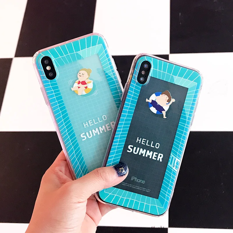 

Kawaii Cartoon Summer Swim boys girls cute phone case For coque iPhone 7 7 plus 8 6s plus case silicon for iPhone cover X XS XR